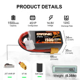 2x Ovonic 120C 4S1P 1500mAh 14.8V LiPo Battery for FPV - XT60 Plug - Ampow